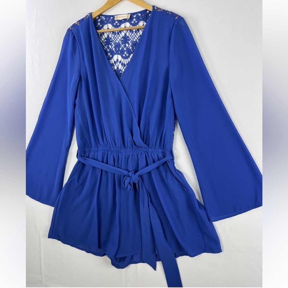 Altar’d State - Bell Sleeve Romper Sheer Royal Blue with Lace Back
